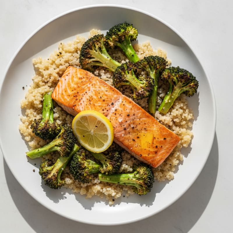 Seared Salmon with Roasted Broccoli and Quinoa