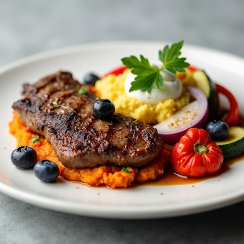 Seared Lean Beef with Herb-Roasted Vegetables and Sweet Potato Mash