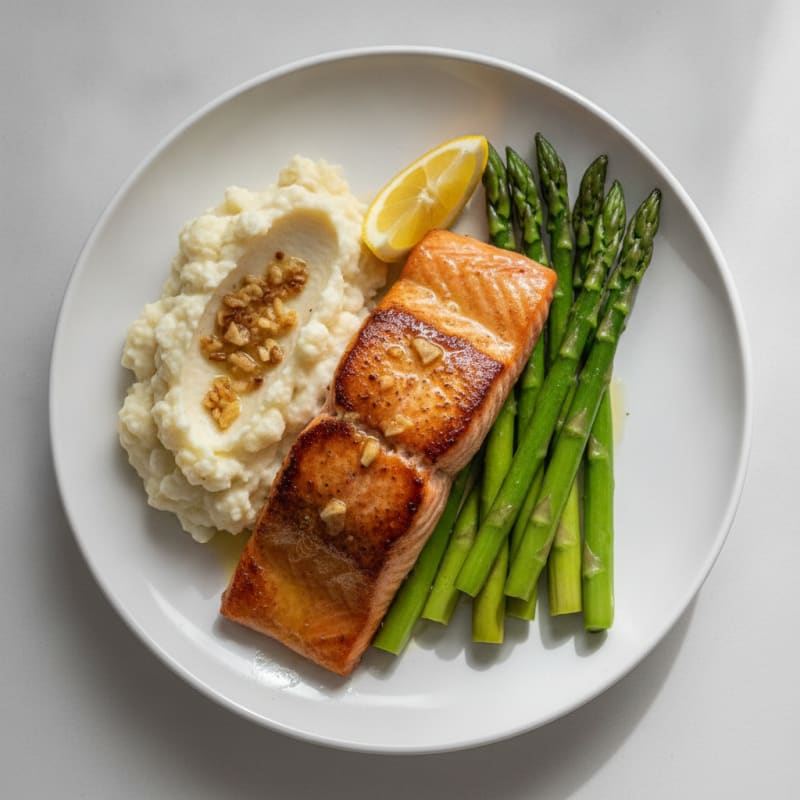 Seared Salmon Fillet with Steamed Asparagus and Garlic Mashed Cauliflower