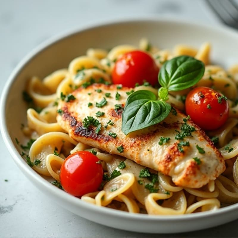 Creamy Pesto Chicken Pasta with Roasted Tomatoes