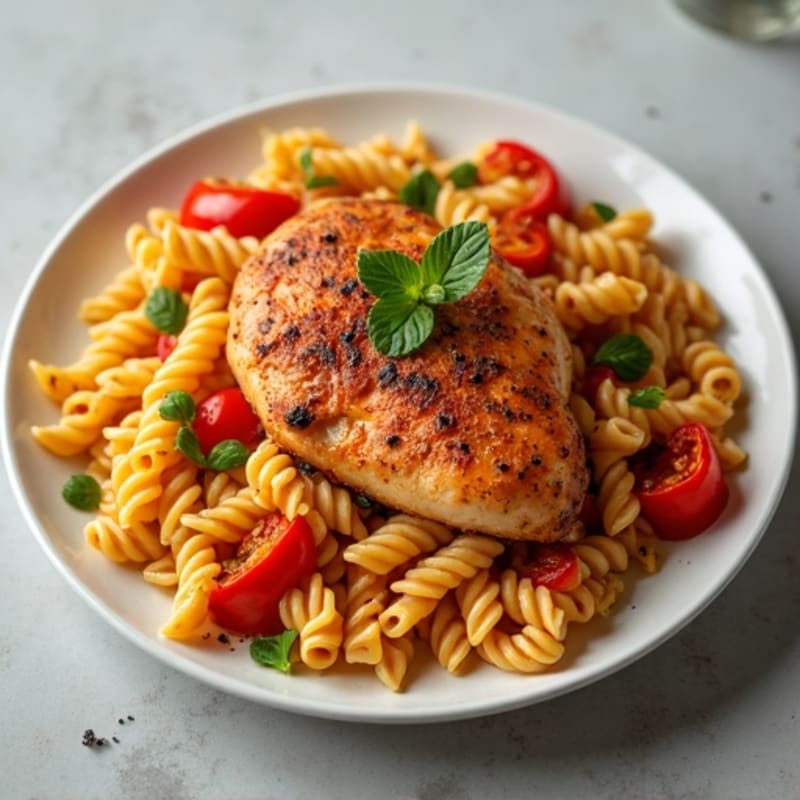 Spicy Smoked Paprika Chicken with Creamy Whole Wheat Pasta and Sautéed Bell Peppers