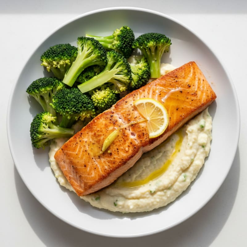 Seared Salmon with Steamed Broccoli and Cauliflower Mash