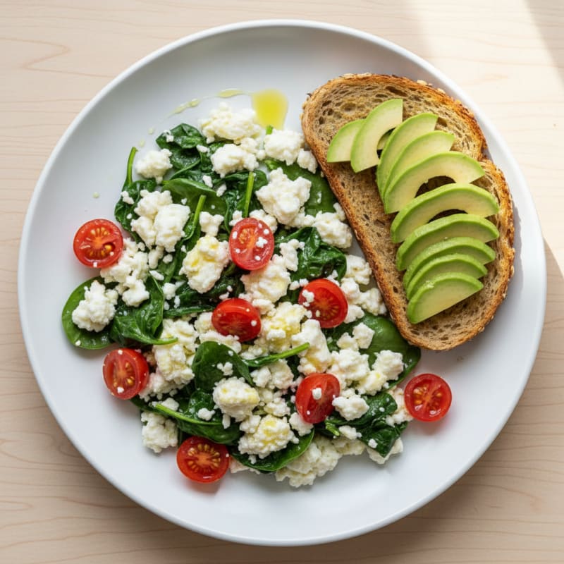 Egg White and Cottage Cheese Scramble with Spinach and Cherry Tomatoes