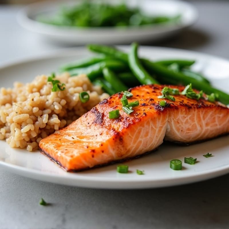 Seared Salmon with Steamed Green Beans and Brown Rice