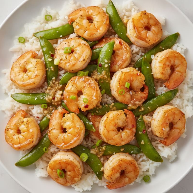 Jasmine Rice with Garlic Shrimp and Snow Peas