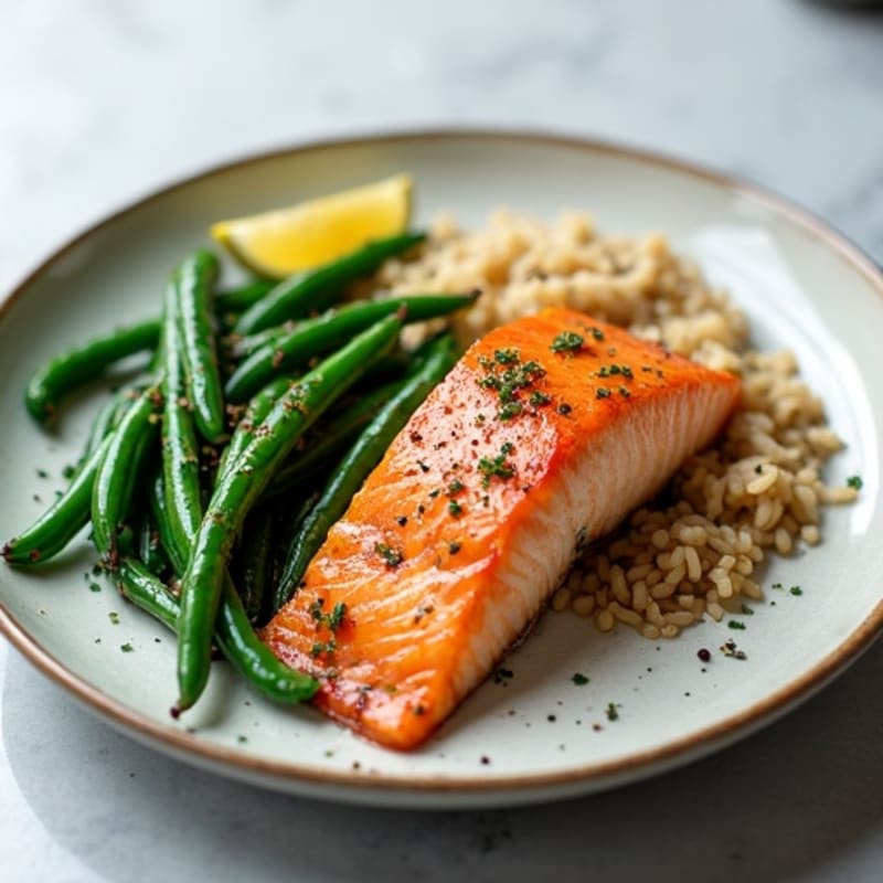 Seared Salmon with Garlic Green Beans and Brown Rice