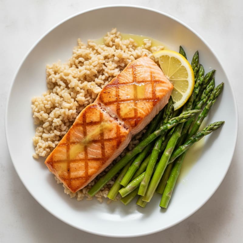 Seared Salmon with Steamed Asparagus and Brown Rice
