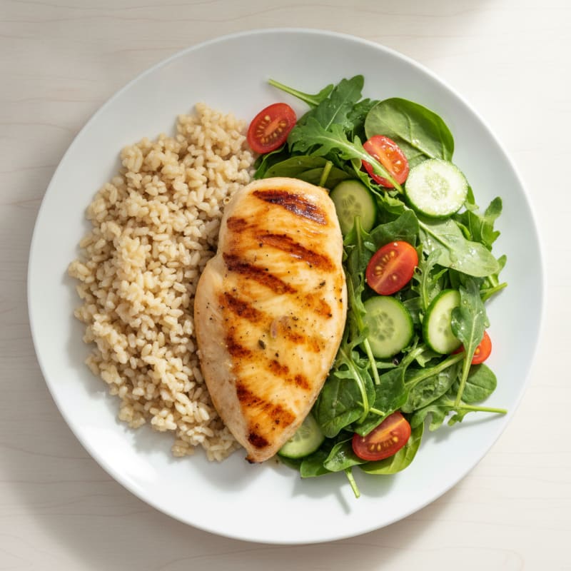 Grilled Chicken Breast with Brown Rice and Mixed Greens Salad