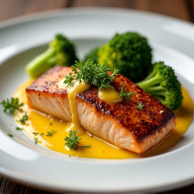 Seared Salmon with Roasted Broccoli and Dijon Mustard Sauce