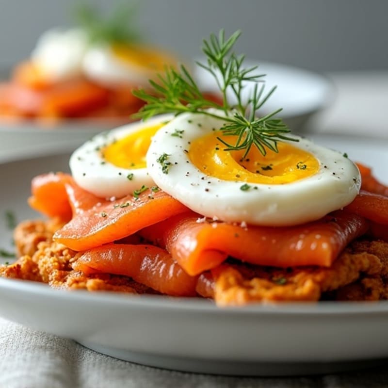Crispy Sweet Potato Hash with Smoked Salmon and Poached Eggs with Creamy Lemon-Dill Sauce