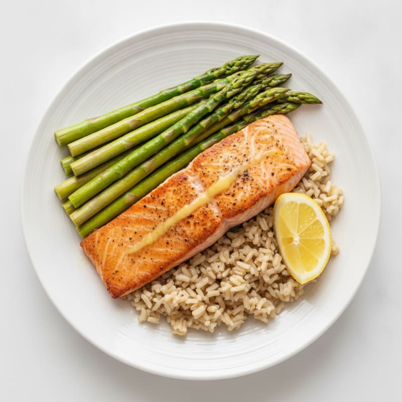 Seared Salmon with Steamed Asparagus and Brown Rice