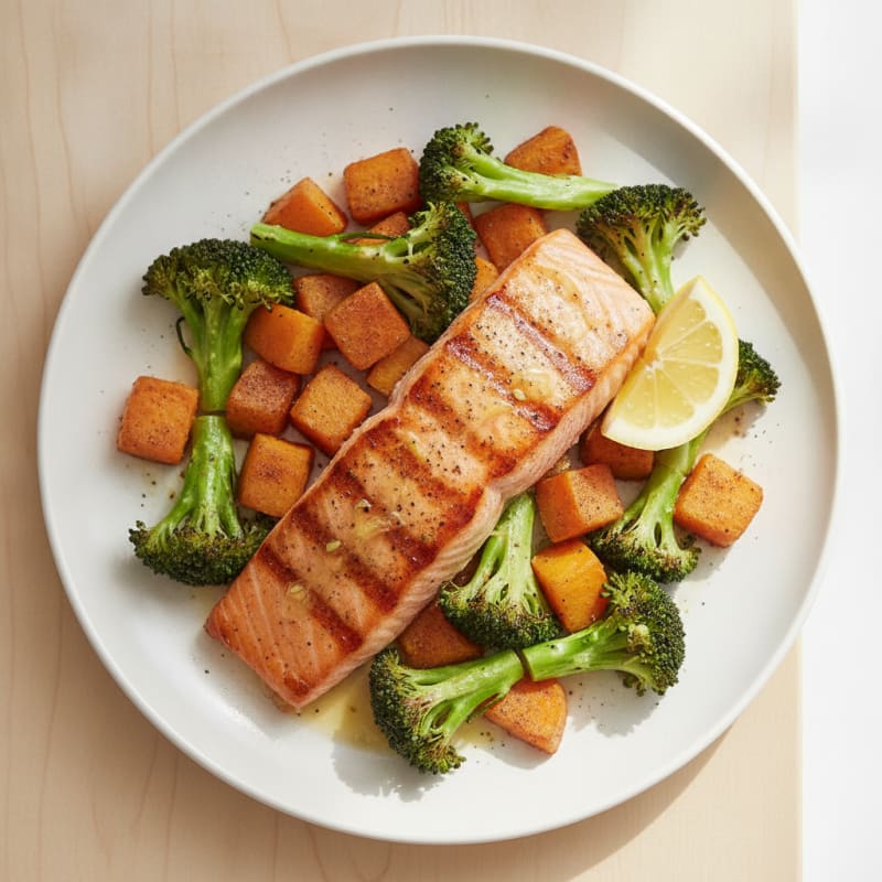 Seared Salmon with Roasted Broccoli and Sweet Potato