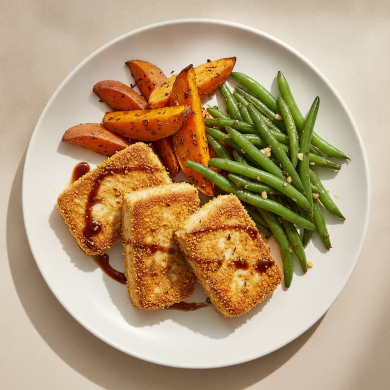 Seared Tofu Steaks with Herb-Roasted Sweet Potatoes and Garlic Green Beans