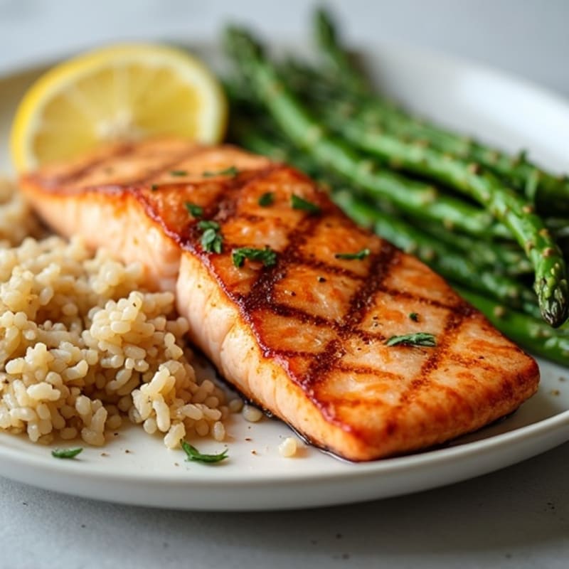 Seared Salmon with Steamed Asparagus and Brown Rice
