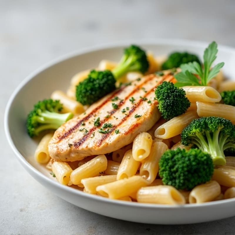 Healthy Creamy Garlic Chicken Pasta with Roasted Broccoli