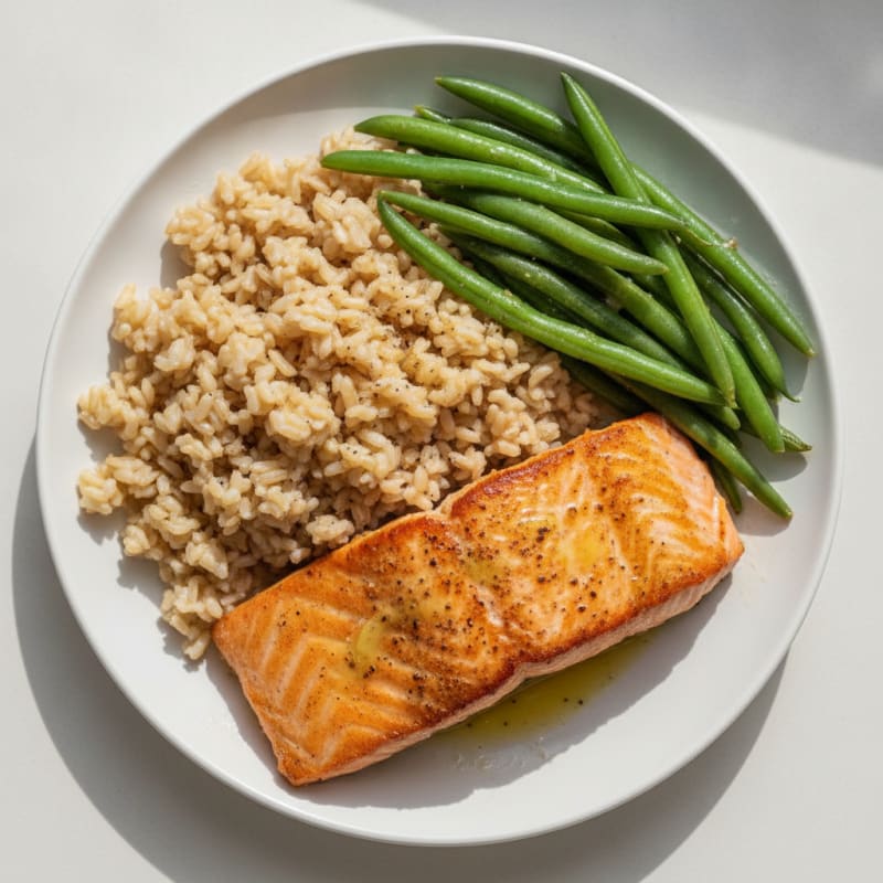 Seared Salmon with Steamed Green Beans and Brown Rice