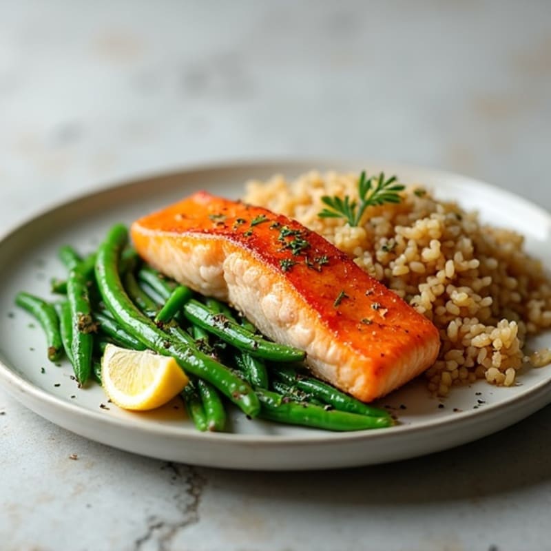 Seared Salmon with Garlic Green Beans and Brown Rice