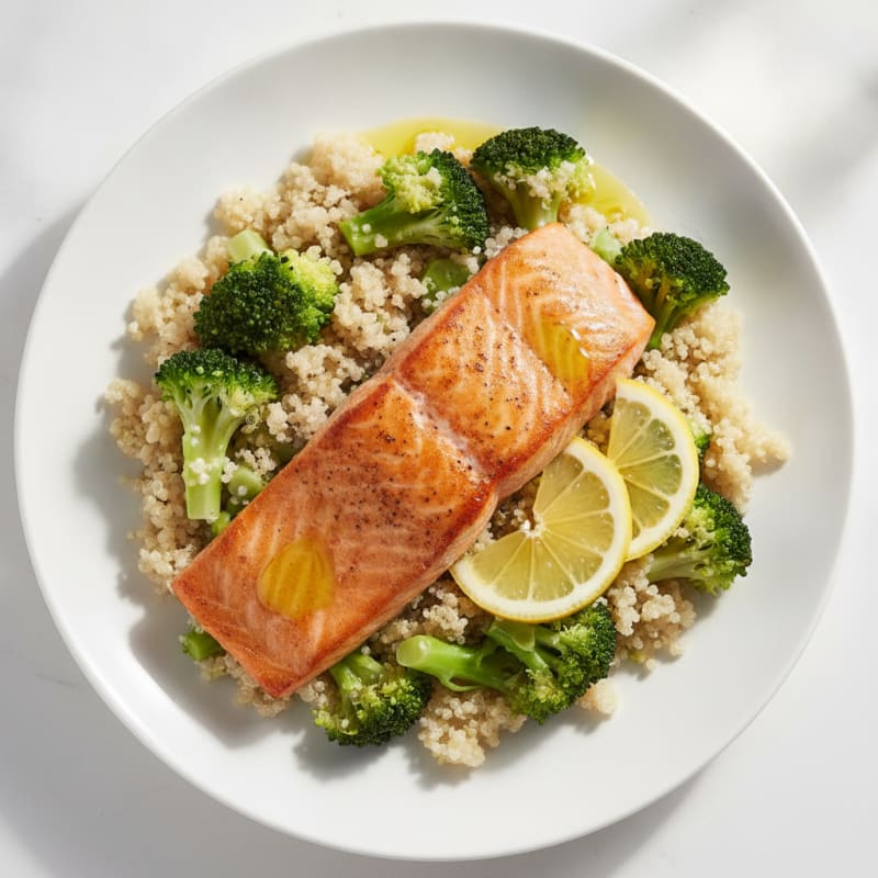 Seared Salmon Fillet with Steamed Broccoli and Quinoa
