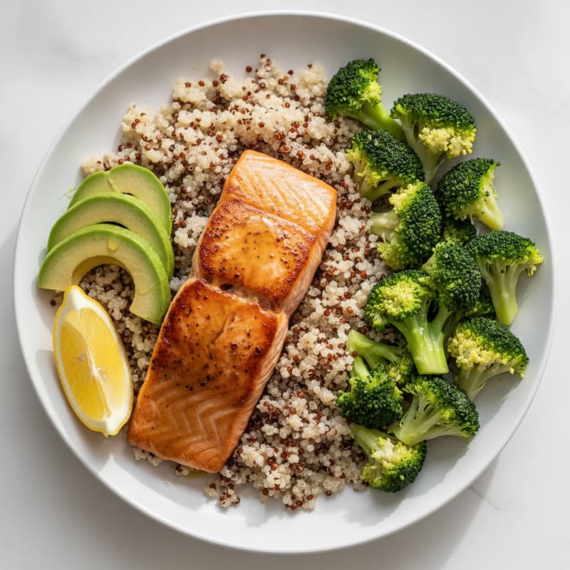 Seared Salmon with Steamed Broccoli and Quinoa