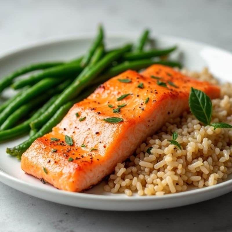 Seared Salmon with Garlic Green Beans and Brown Rice