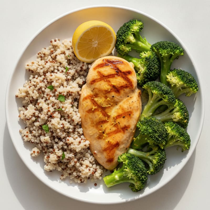 Grilled Chicken Breast with Steamed Broccoli and Quinoa