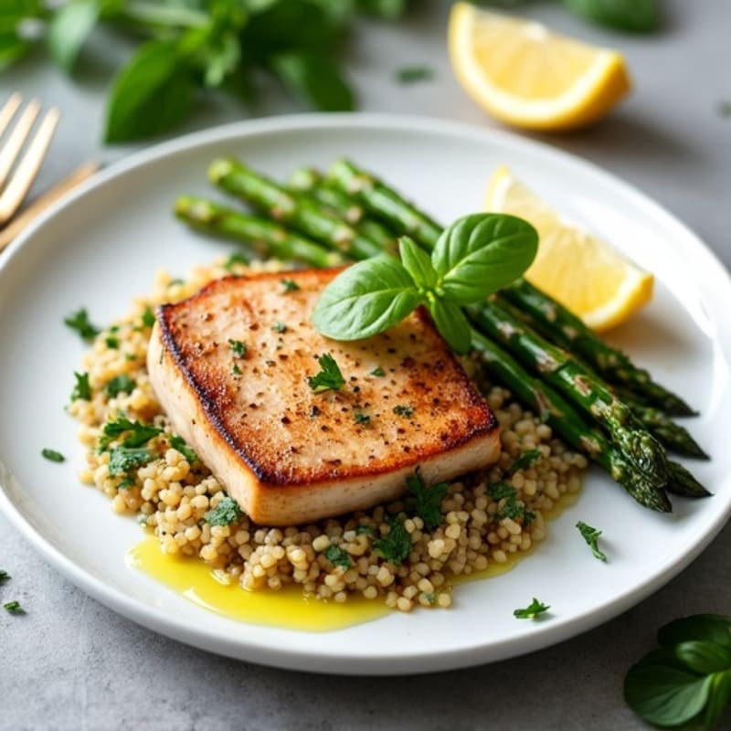 Pan-Seared Tuna with Roasted Asparagus and Herb Quinoa