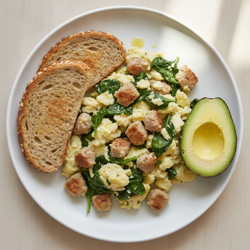 Egg White Scramble with Chicken Sausage and Spinach