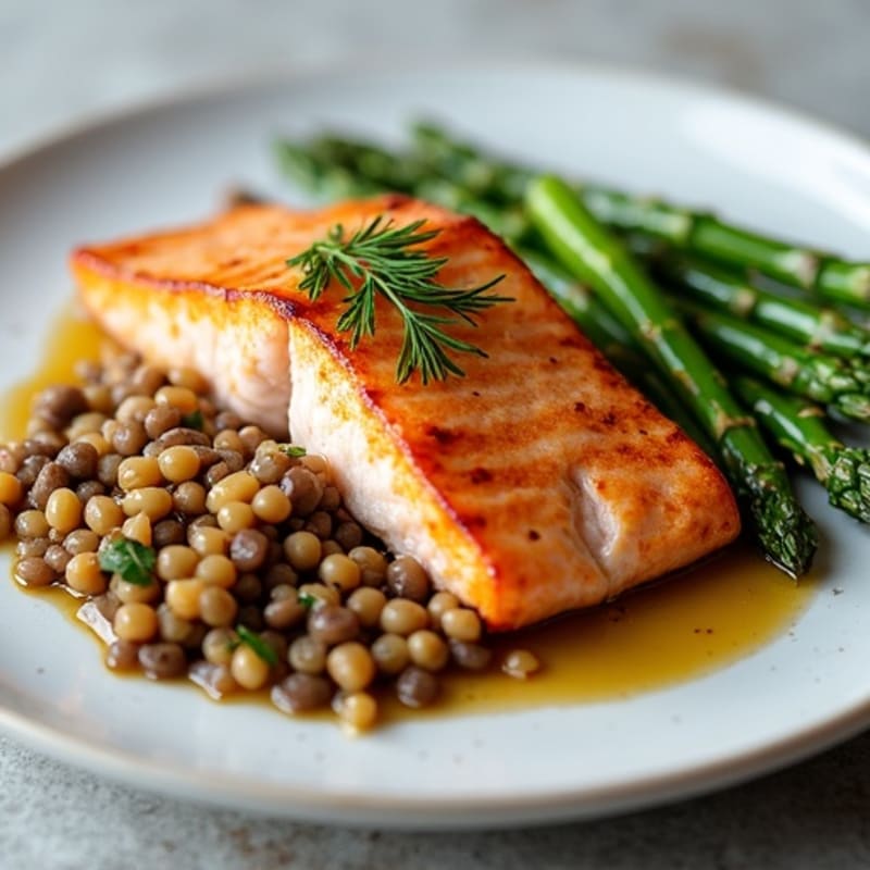 Seared Salmon Fillet with Lentil Salad and Steamed Asparagus
