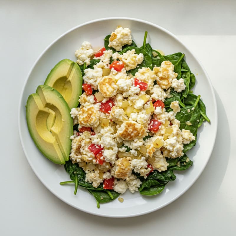 Egg White Veggie Scramble with Cottage Cheese and Sautéed Spinach