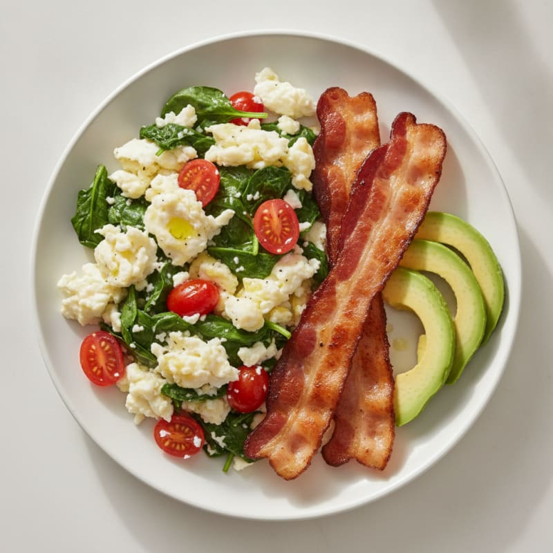 Egg White and Spinach Scramble with Grilled Turkey Bacon