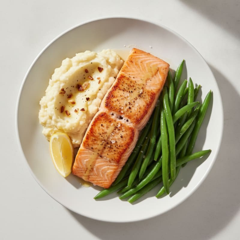 Seared Salmon with Steamed Green Beans and Garlic Mashed Cauliflower