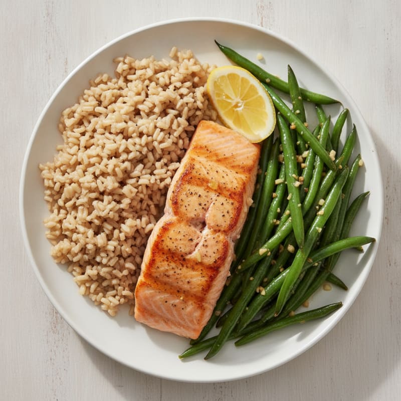 Seared Salmon with Garlic Green Beans and Brown Rice