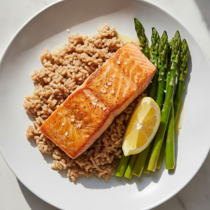 Seared Salmon with Steamed Asparagus and Brown Rice