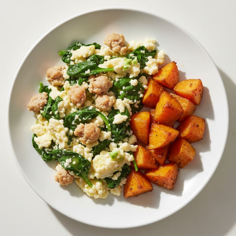 Egg White and Turkey Sausage Scramble with Spinach and Roasted Sweet Potatoes