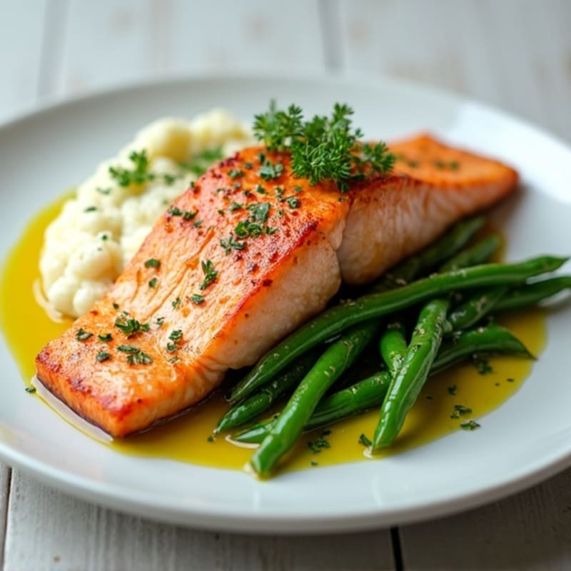 Seared Salmon Fillet with Garlic Green Beans and Cauliflower Mash