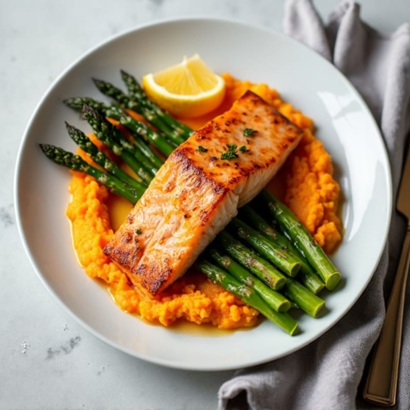 Seared Salmon with Roasted Asparagus and Sweet Potato Mash