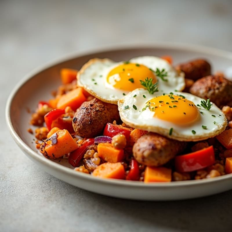 Crispy Chicken Sausage and Sweet Potato Hash with Scrambled Eggs