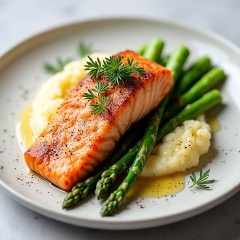 Seared Salmon with Steamed Asparagus and Cauliflower Mash