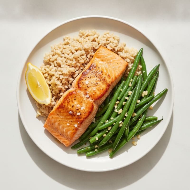 Seared Salmon Fillet with Garlic Green Beans and Brown Rice