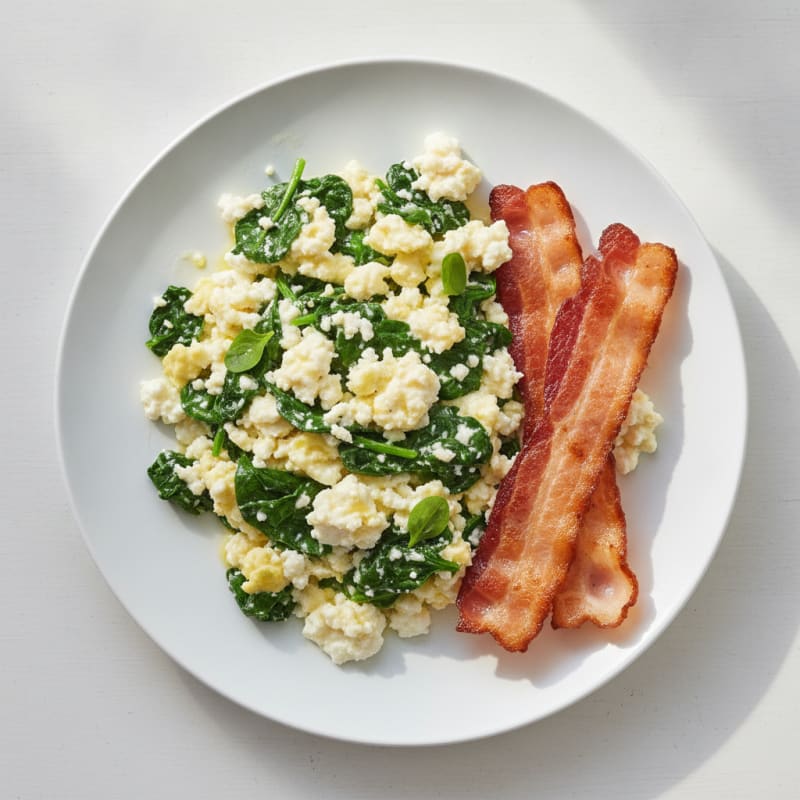 Cottage Cheese Egg Scramble with Spinach and Turkey Bacon