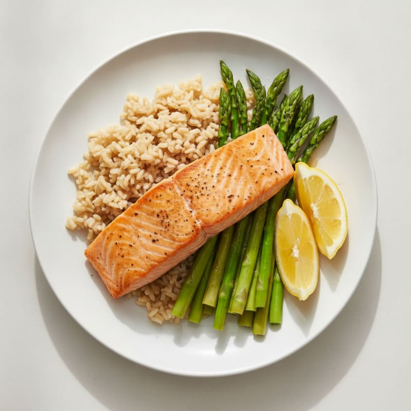 Seared Salmon Fillet with Steamed Asparagus and Brown Rice