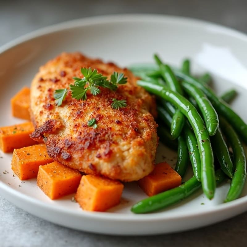 Crispy Baked Chicken with Roasted Sweet Potatoes and Green Beans