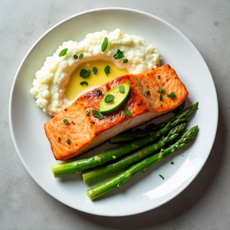 Seared Salmon with Steamed Asparagus and Cauliflower Mash