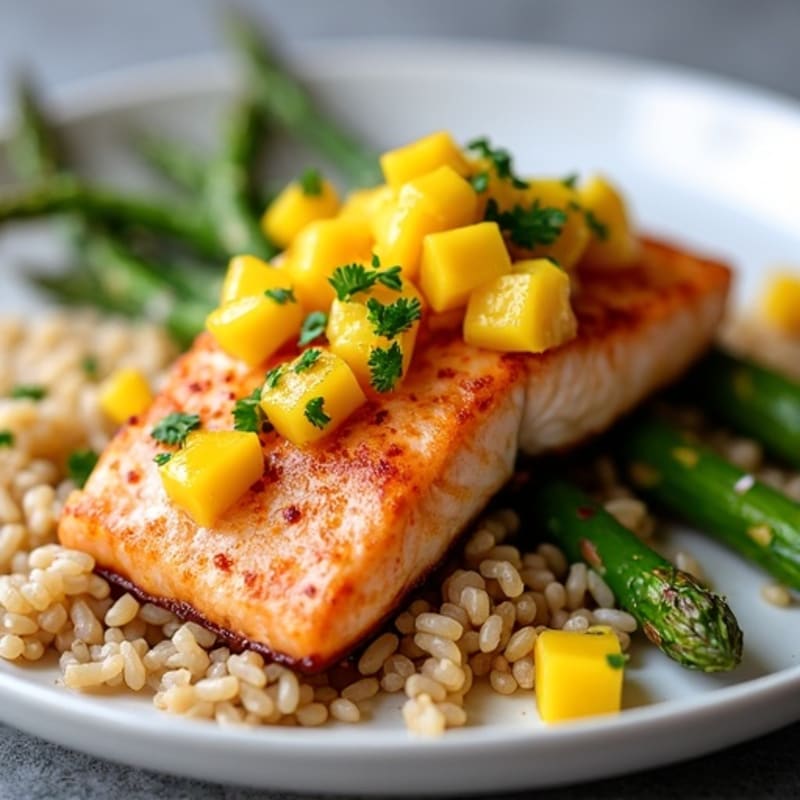 Seared Salmon with Brown Rice, Roasted Asparagus & Citrus Mango Salsa