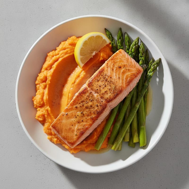 Seared Salmon with Roasted Asparagus and Sweet Potato Mash