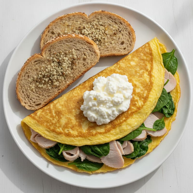 Egg White Spinach Omelet with Cottage Cheese and Sliced Turkey