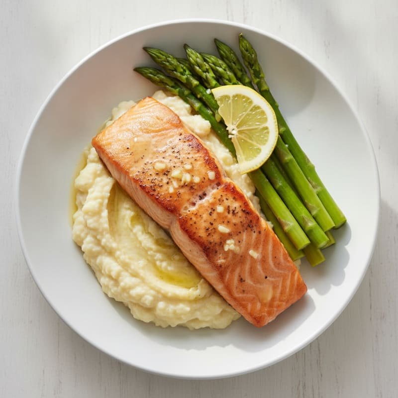 Seared Salmon Fillet with Steamed Asparagus and Cauliflower Mash