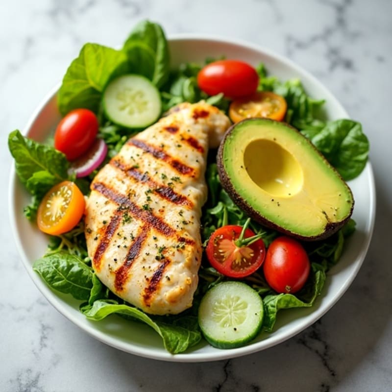 Creamy Avocado and Crisp Greens Salad with Grilled Lemon-Herb Chicken