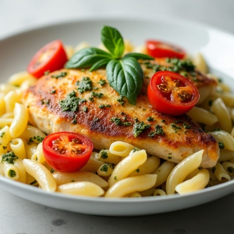 Chicken with Creamy Pesto Pasta and Roasted Cherry Tomatoes