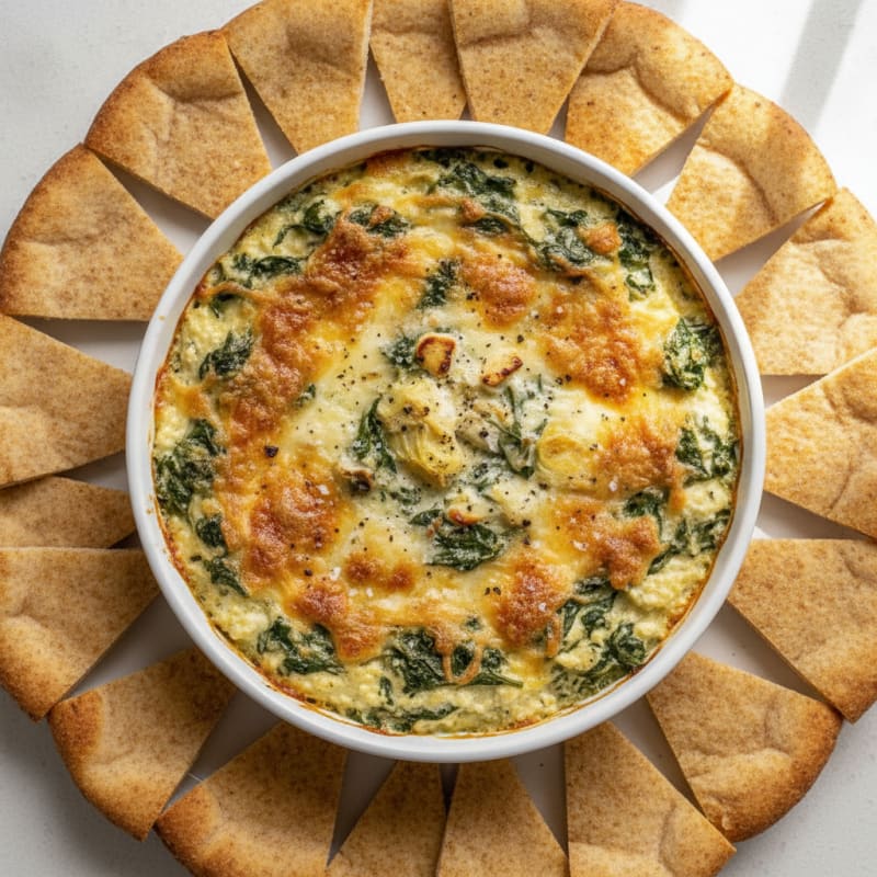 Baked Spinach Artichoke Dip with Toasted Pita